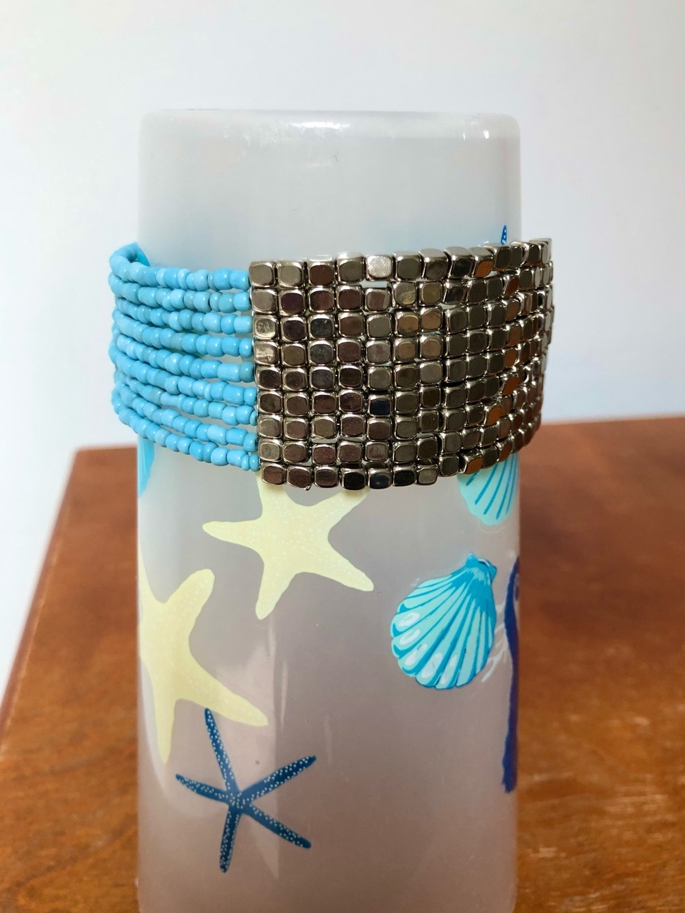 Seed Bead Wired Silver Wrap Cuff Bracelet